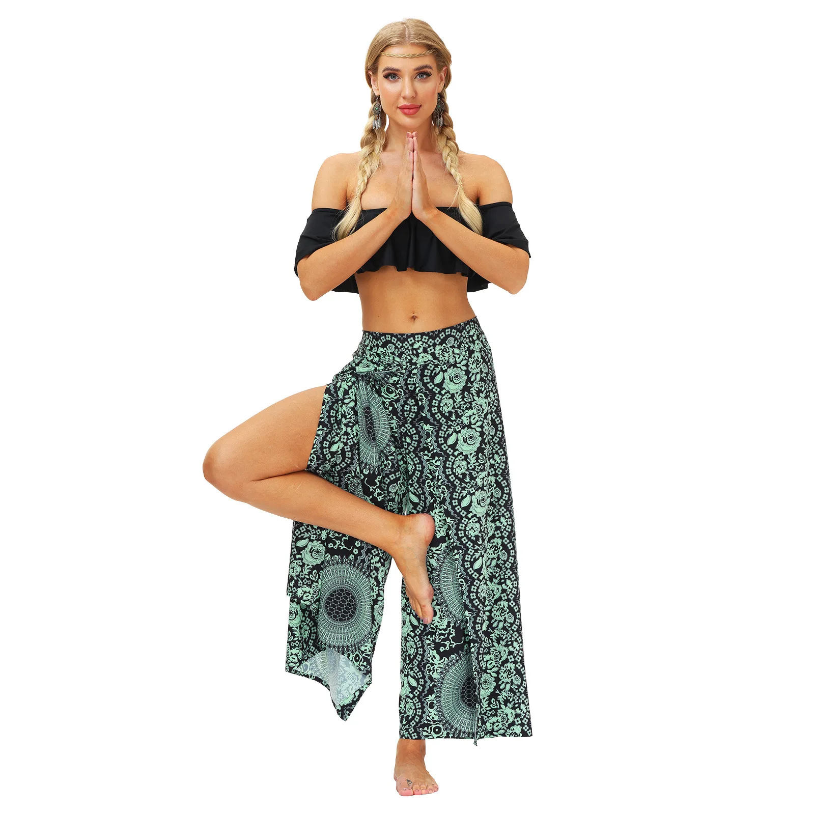 Women Fashion Simple Printing Hippie Pants,Harem Pants Slit Wide Leg Casual Yoga Pants
