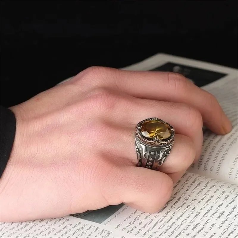 Signet Ring Vintage Handmade Turkish for Men Silver Color Carving Pattern Inlay Zircon Punk