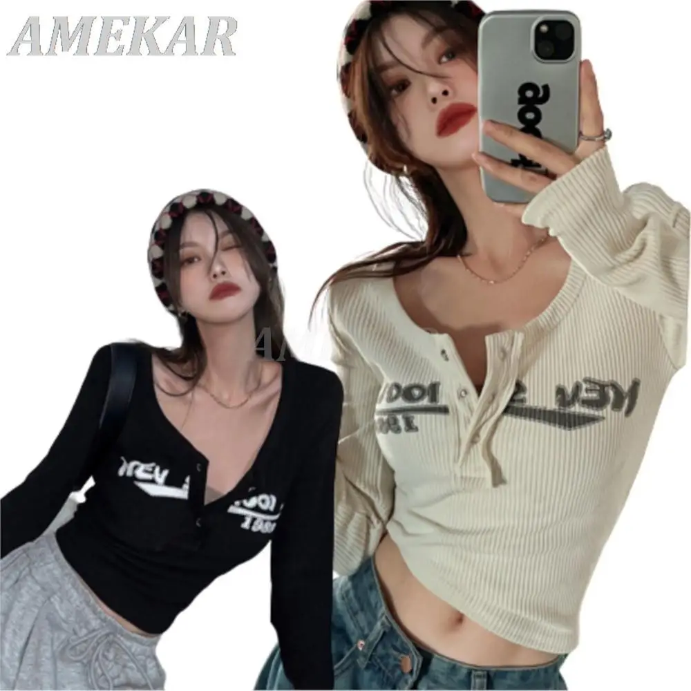 

Retro Graffiti Print Elastic O-neck T Shirt For Women Sexy Slim Crop Ribbed Long Sleeve Tops Lady Street Grunge Tee Tops Korean