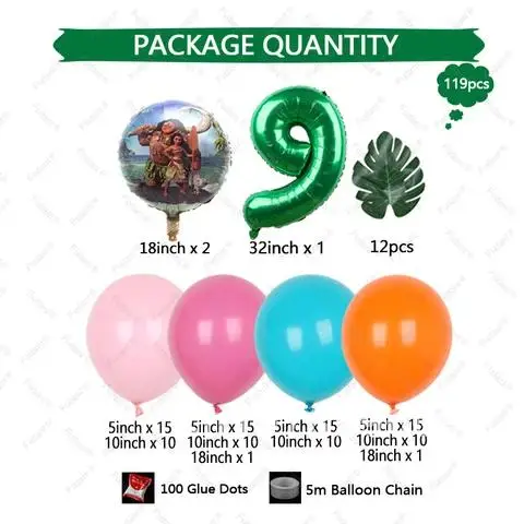 

1set Moana Princess Balloons Garland Arch Kit For Kids Birthday Baby Shower Party Decors Age 1-9 32" Foil Balloons Air Globos