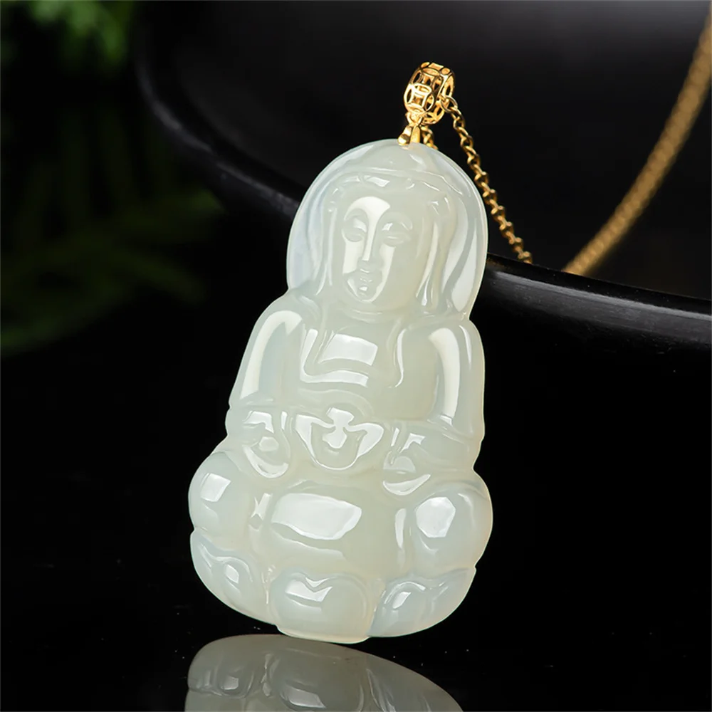 

18K Gold Natural White HeTian Jade Carved Charming GuanYin Lucky Pendant Trendy Amulet Necklace Certificate Luxury Jade Jewelry