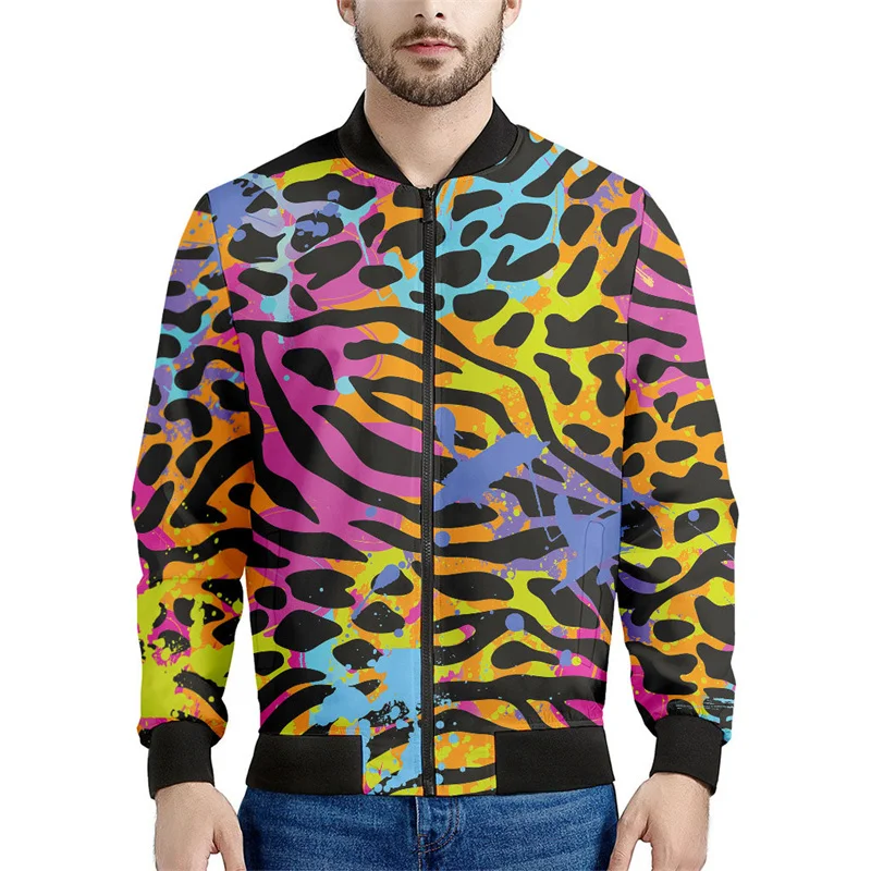 thumbnail image 1 of Chaqueta con cremallera y estampado de leopardo colorido para hombre, abrigo con personalidad con estampado 3D, chaquetas casuales de gran tamaño, ropa de calle, mangas largas, 1 of 4