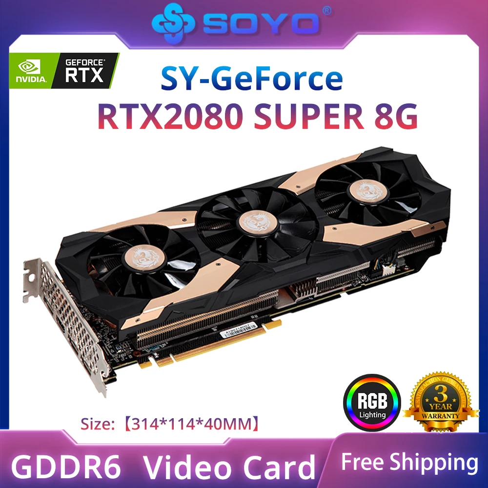 

Видеокарта SOYO GeForce RTX2080 SUPER 8G GDDR6, 3,0 бит, PCIEx16 HDMI NVIDIA, игровая карта для настольного ПК