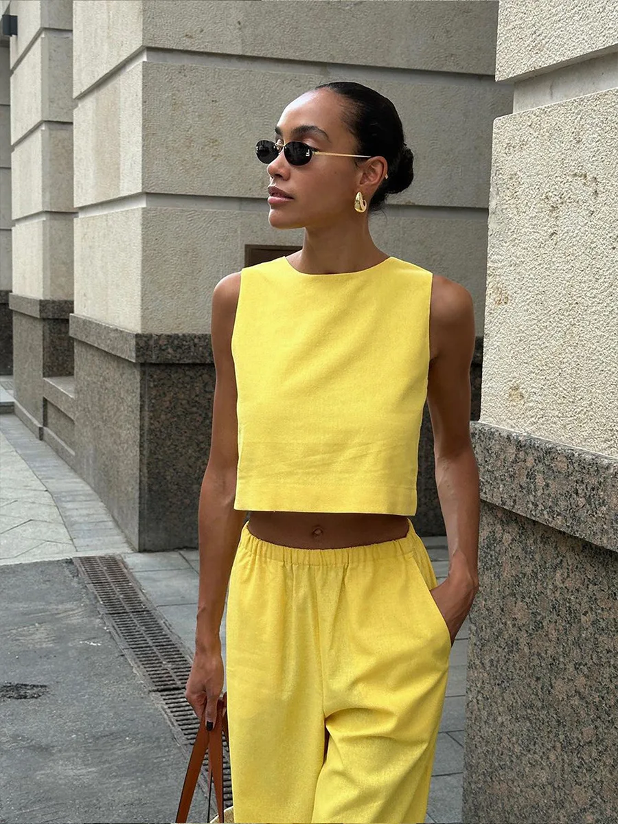 Summer Fashion 2 Piece-Set Women's Pants Sleeveless Cropped Vest Top And Wide Leg Trousers Sets Female Outfits Trousers