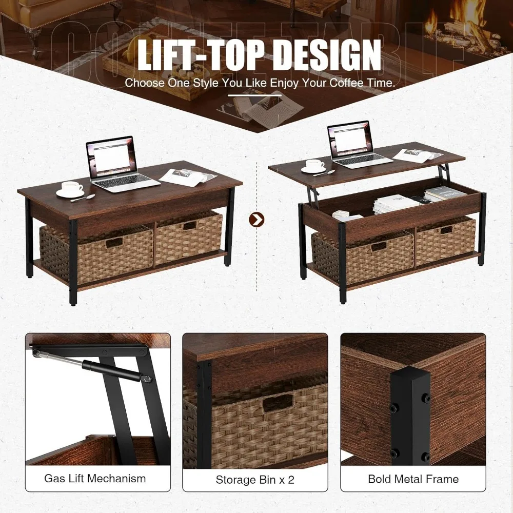 Lift Top Coffee Table with Hidden Storage Compartment and Rattan Baskets,Retro Central Table with Wooden Lift Tabletop 6