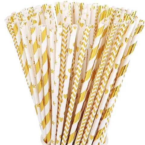 

25pcs Gold Paper Straws Strip Dot Disposable Tableware Drinking Straw Wedding Birthday Party Decoration Party Supplies Child