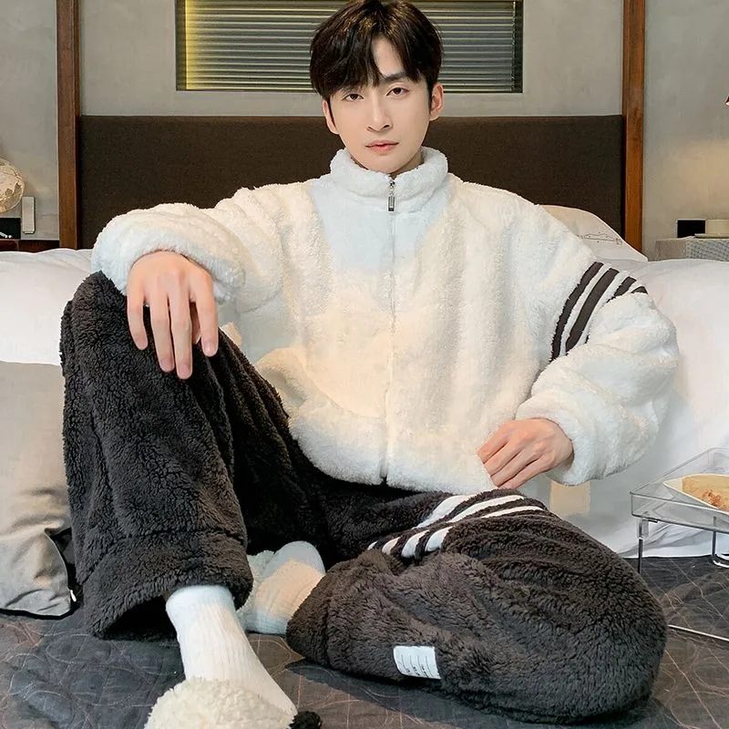 2024 New Pajamas Men's Winter Coral Fleece Thickened Loungewear Junior Sleepwear Stand Collar Zipper Homewear Two-Piece Set