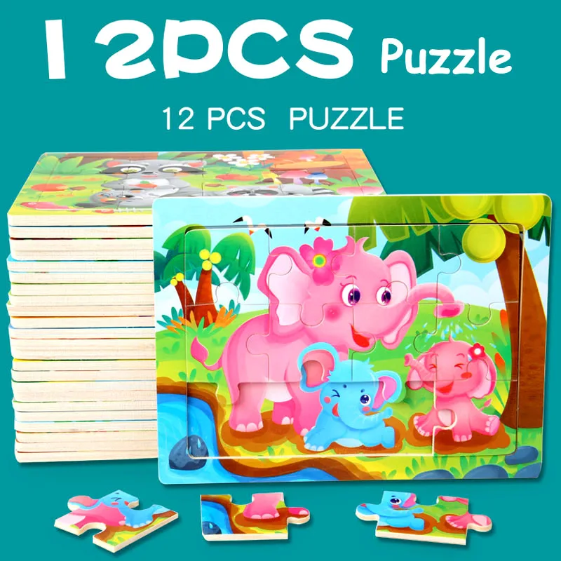 3D Wooden Puzzle Baby Montessori Toys Cartoon Animal Intelligence Wood ...