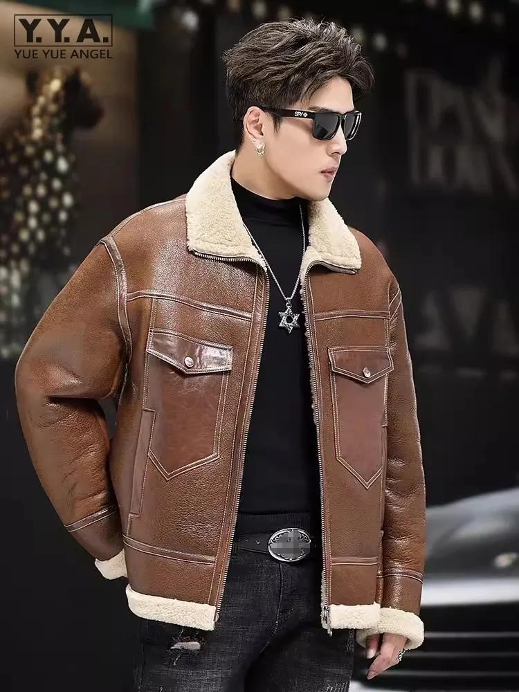 

Luxury Men Winter Natural Shearling Business Casual Work Coat Sheepskin Genuine Leather Real Fur Jacket Warm Wool Liner Overcoat