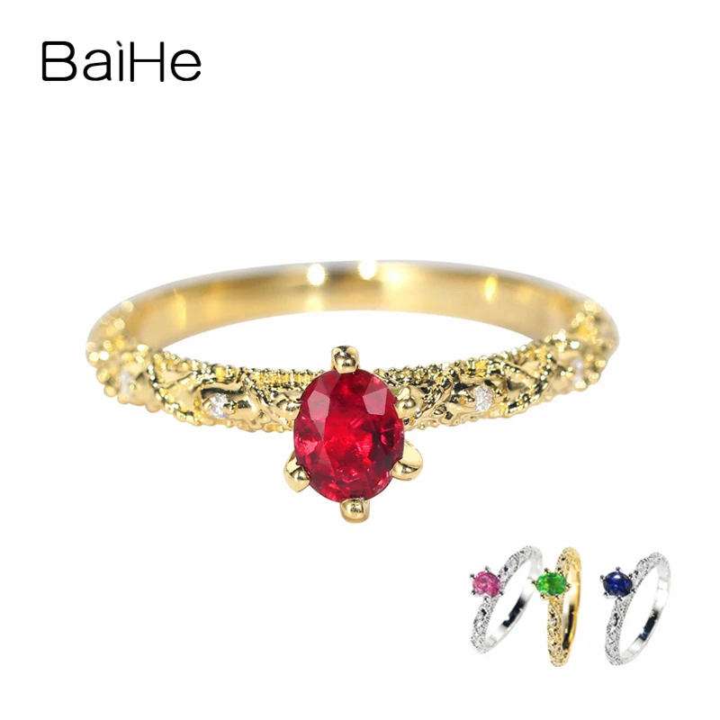 Baihe Solid 14K Yellow Gold 0.40Ct Rubino Naturale/Tsavorite/Pink Sapphire/Sapphire Diamond Ring Donna Uomo Trendy Fine Jewelry