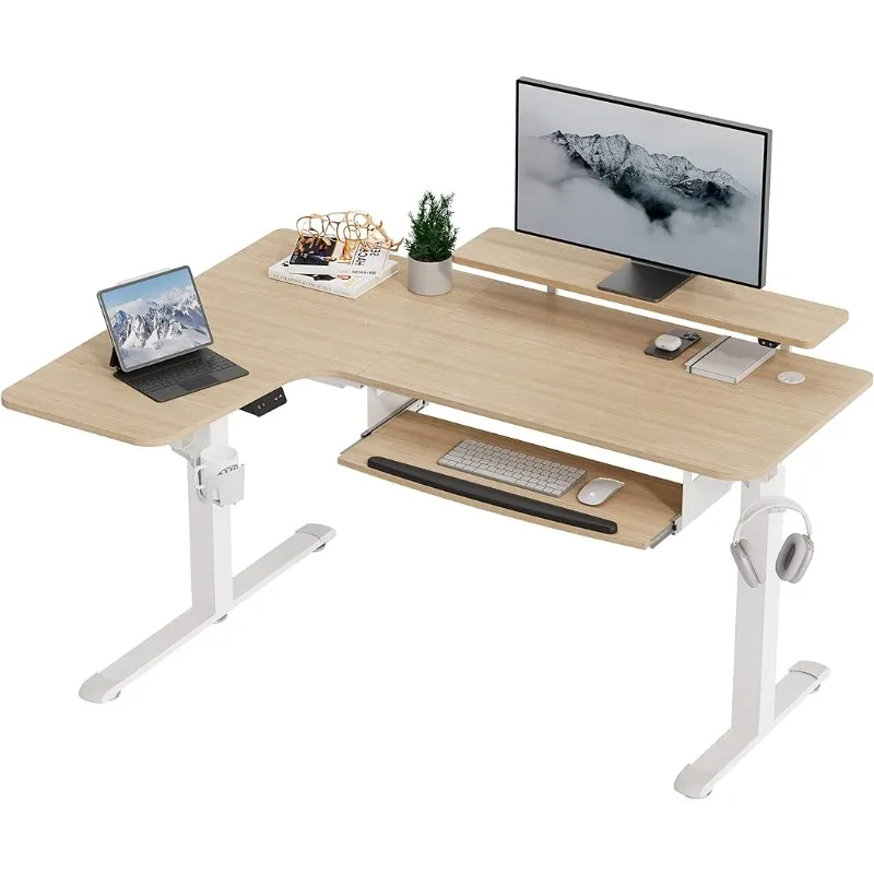 

ERGONOMIC Standing Desk Adjustable Height 61" Electric Sit Stand Computer Desk L Shaped with Keyboard Tray,Monitor Stand &LED