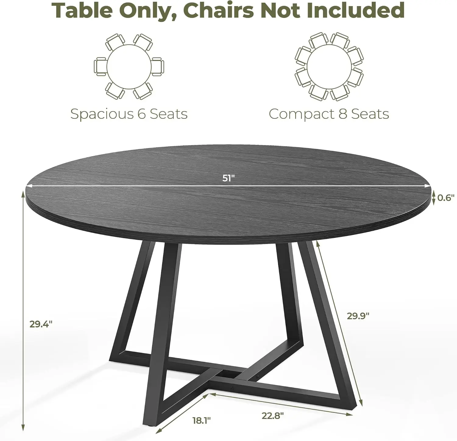 IRONCK 51" Round Dining Table for 6, Space Saving Industrial Circle Dinner Table for Kitchen, Wood Kitchen Table with Metal Base
