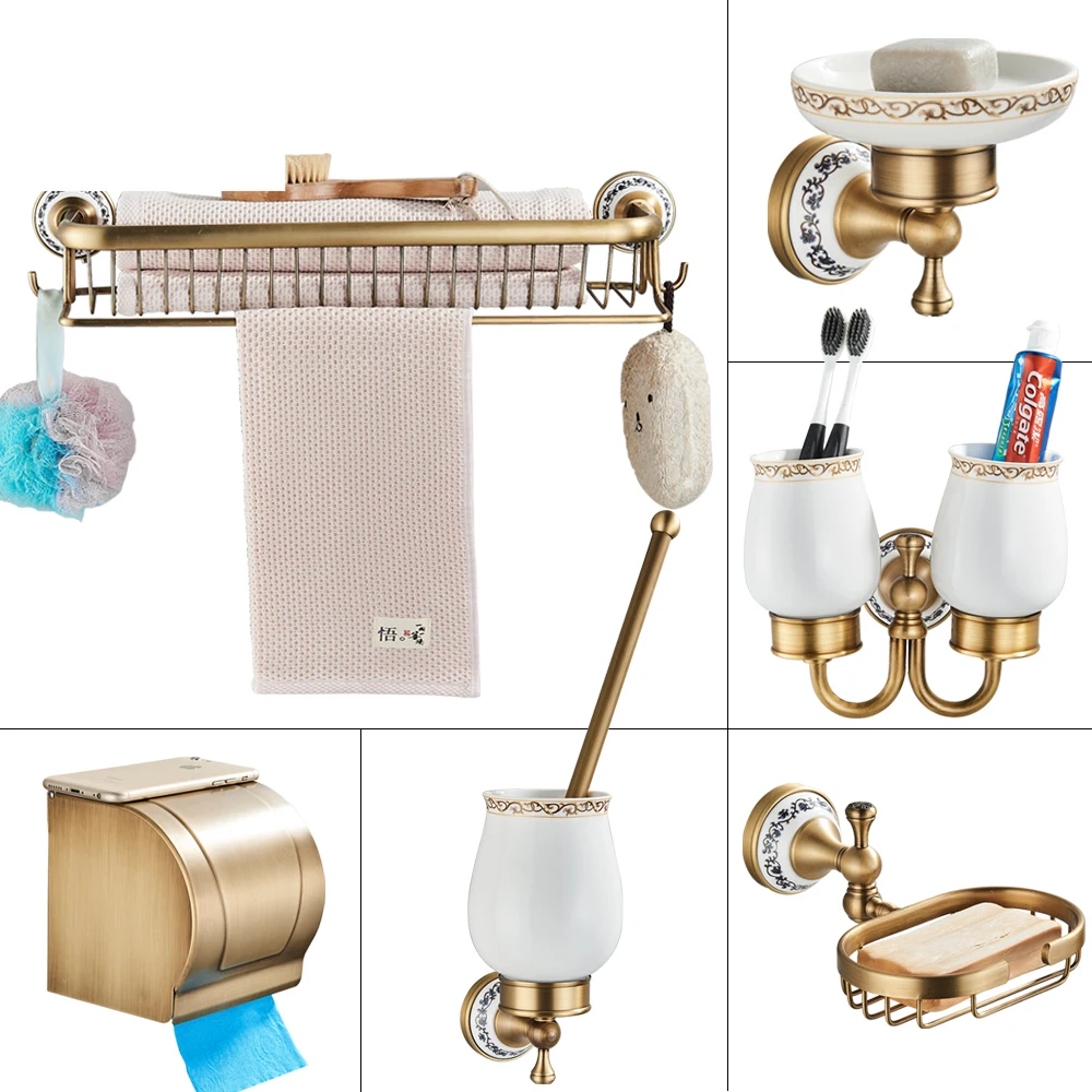 Bathroom Accessory Antique Brass Luxury Paper Holder Toilet Brush Rack Commodity Basket Shelf Soap Dish Towel Ring & Hair Dryer