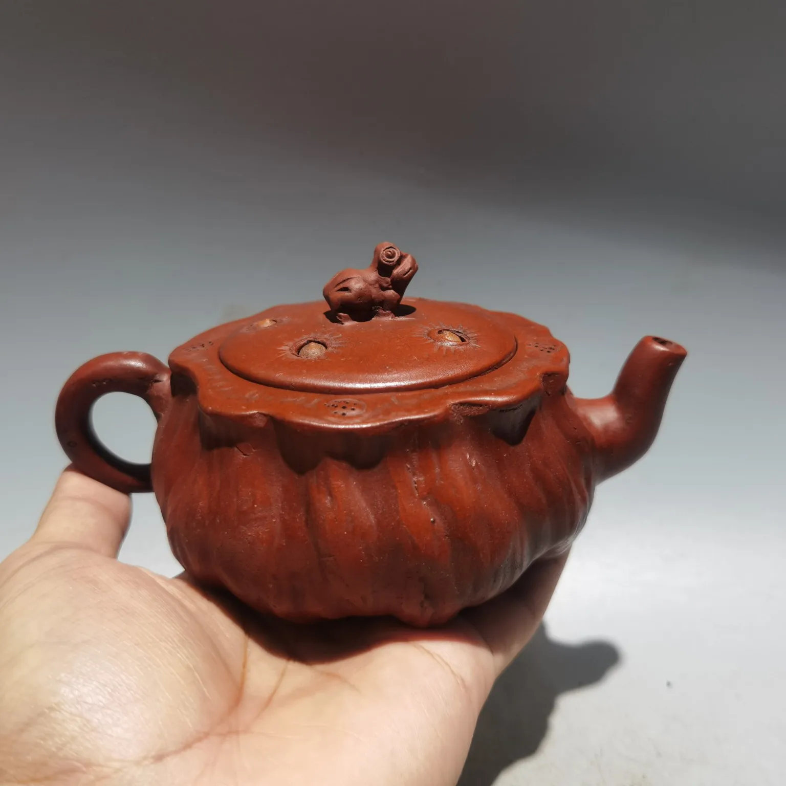

8"Chinese Yixing Purple clay pot frog lotus seeds lotus pot teapot kettle red mud office Ornaments Gather fortune Town house