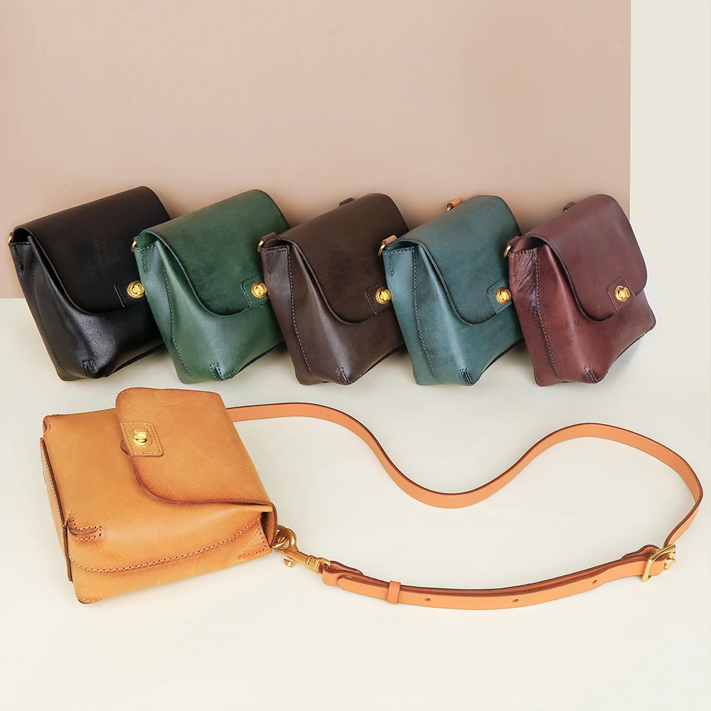 Vegetable Tanned Leather Women's Single Shoulder Bag Retro Square Bag Small Design Crossbody Mobile Phone Bag for Women