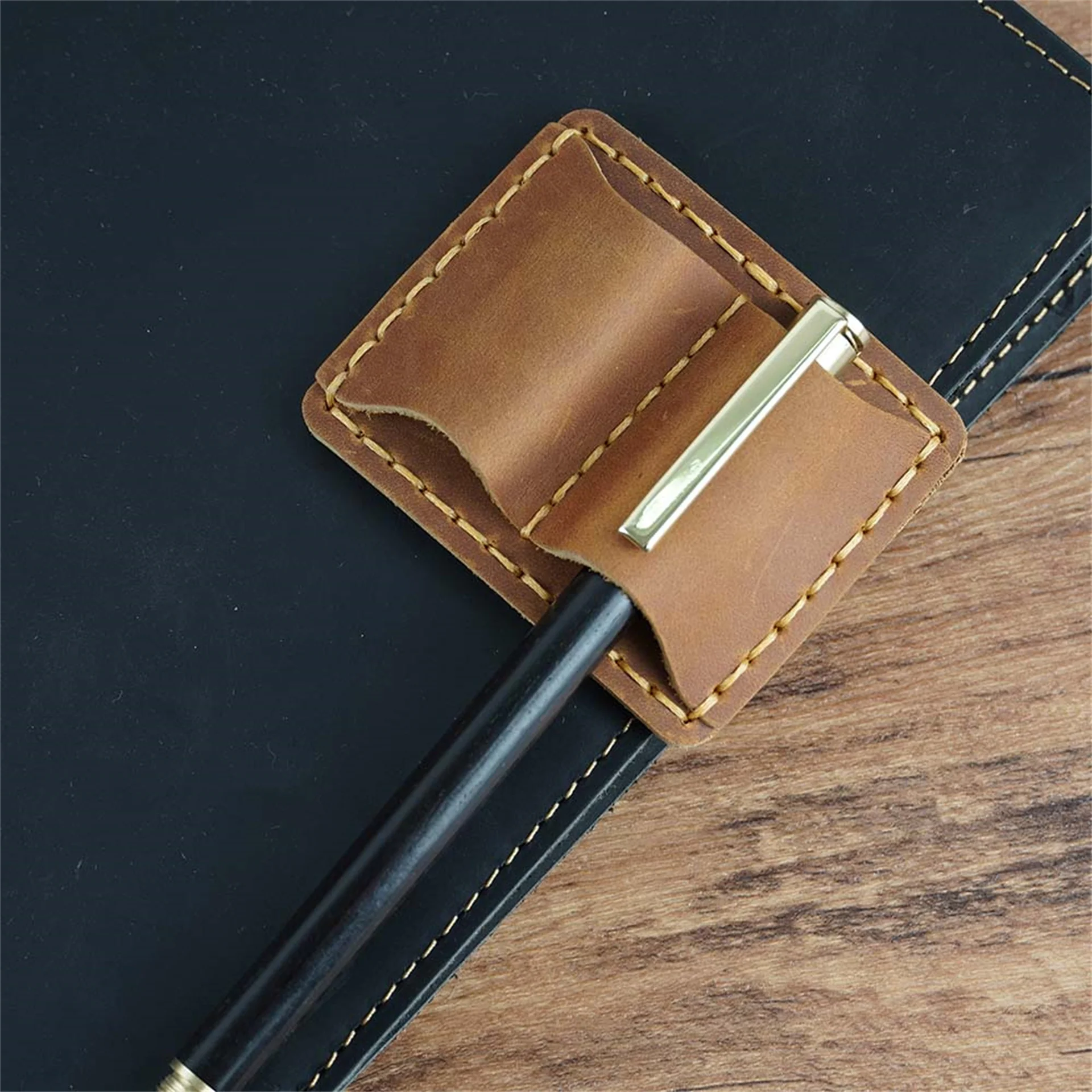 Pen Holder Pen and Brush Holder Simplenote Metal Leather Pencil Holder Brass Stainless Steel Clip for Notebook Planner Creative Accessories Stationery Products