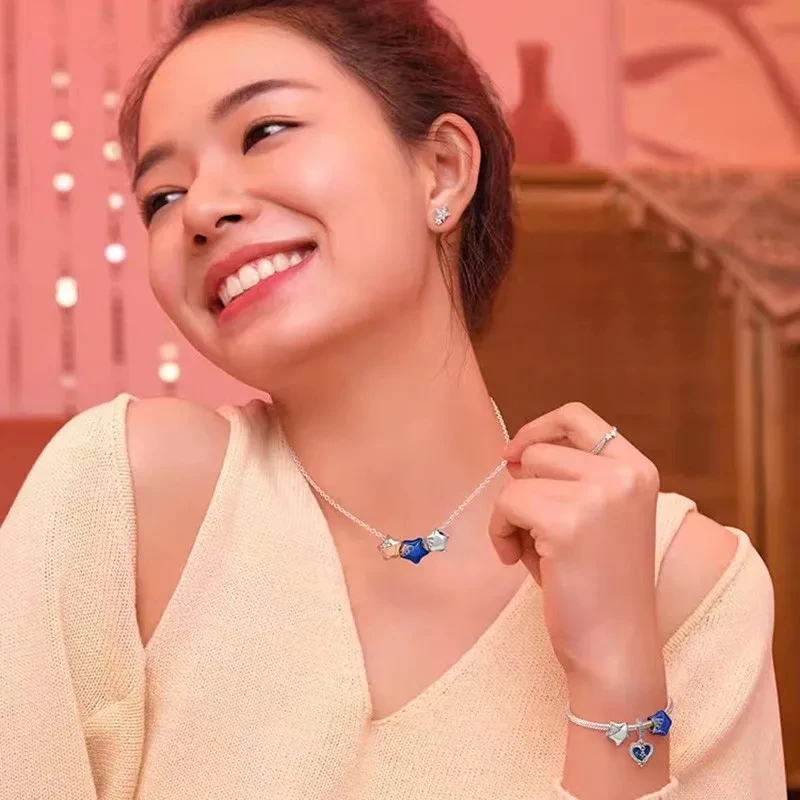 New Women's Necklace Sparkling Star Lucky Rabbit Set Ginkgo Logo Necklace% 925 Sterling Silver DIY Charming Jewelry Gift