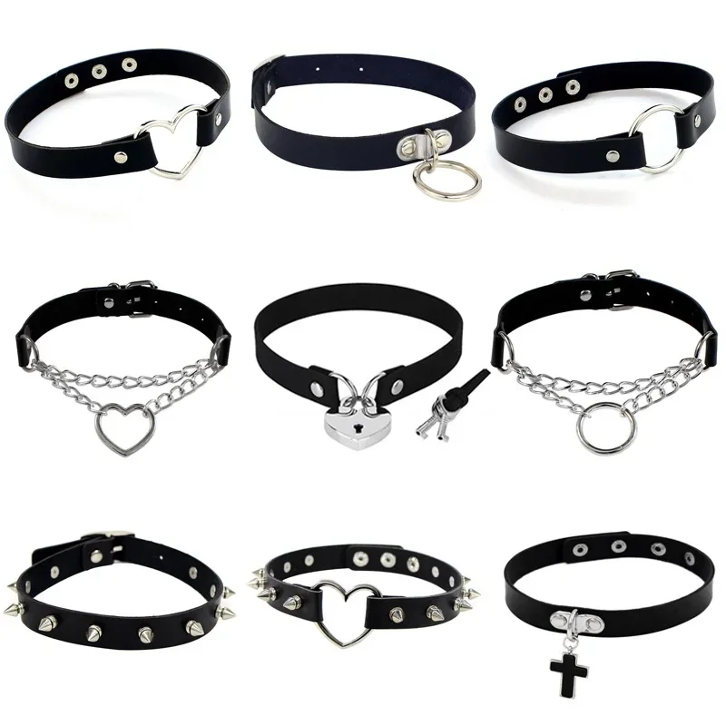 Gothic Punk Leather Choker Necklace For Women Teens Girls Rivet Heart Cross Collar Rock Fashion Jewelry Gifts women jewelry,metal choker necklace,velvet choker necklaces