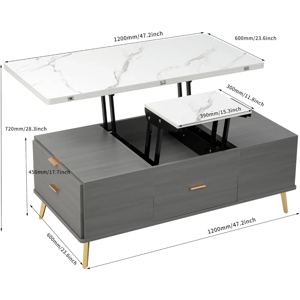 Coffee Table, Modern Lift Top Coffee Table with 4 Drawers, Open Shelves & Hidden Compartment, Convertible Dining Table 6