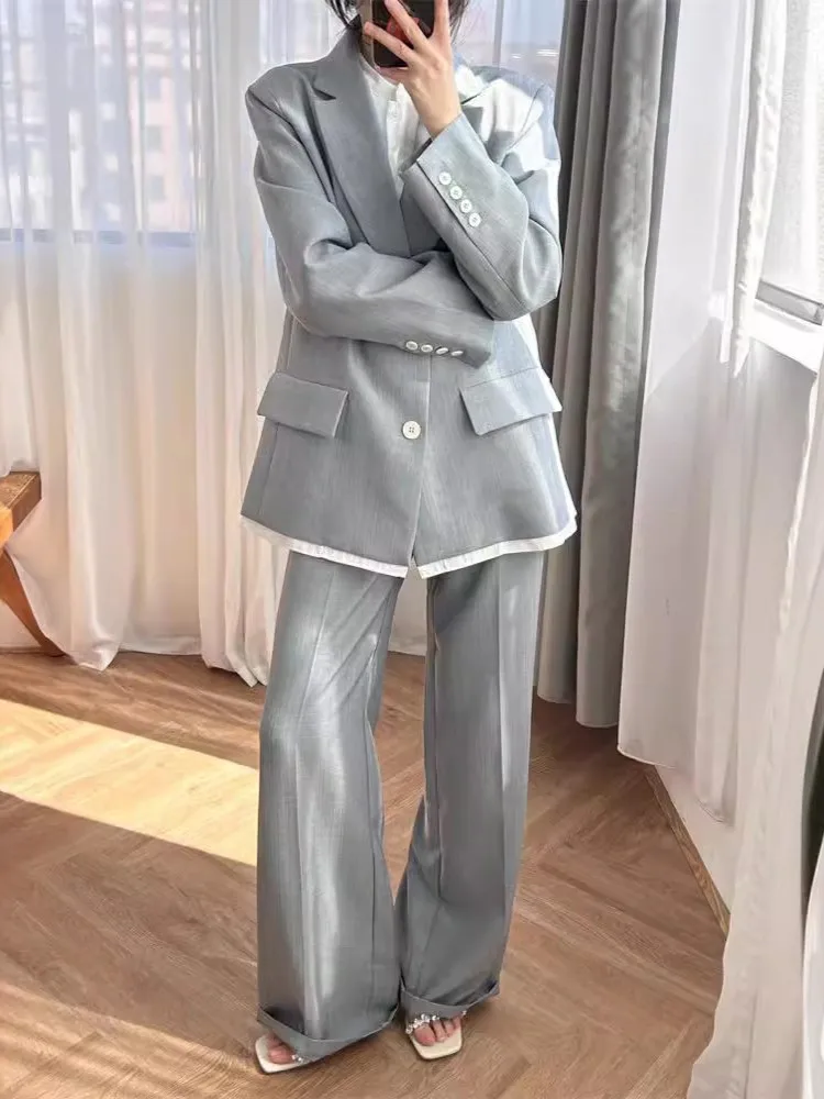 

Весенний женский серый костюм 2024, прямые длинные брюки или имитация двух предметов, однобортный пиджак с длинным рукавом и отложным воротником