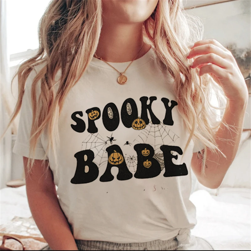 Lettera stampata bianca cartone animato Halloween autunno maglietta casual vestiti tendenza anni '90 donna donna T costume donna stampa grafica925_voghion.com