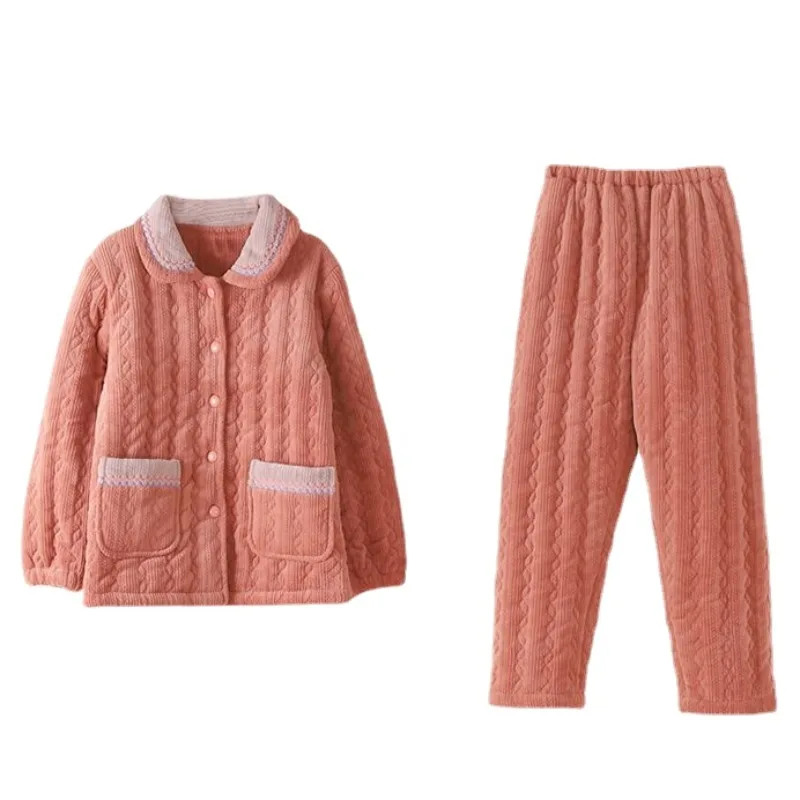 2024 Coral Velvet Three-layer Sandwich Cotton Pajamas Women's Winter Thickened Loungewear Warm Double-sided Velvet Homewear Set