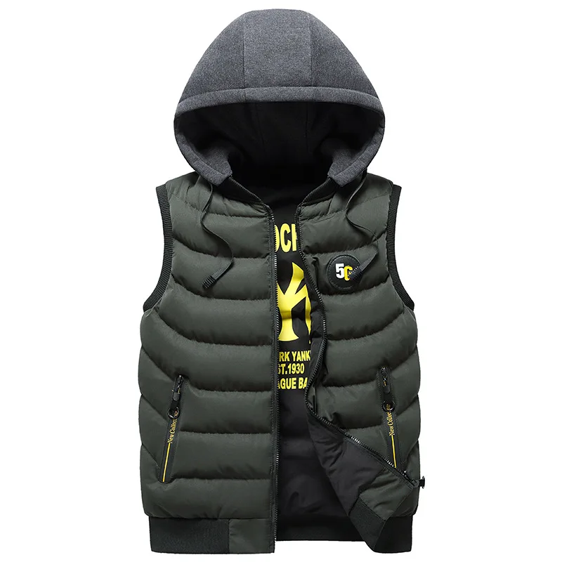 Men's Printed Hooded Vest, Fall Winter Thermal Cotton Streetwear, Zip-Up Casual Outdoor Puffer
