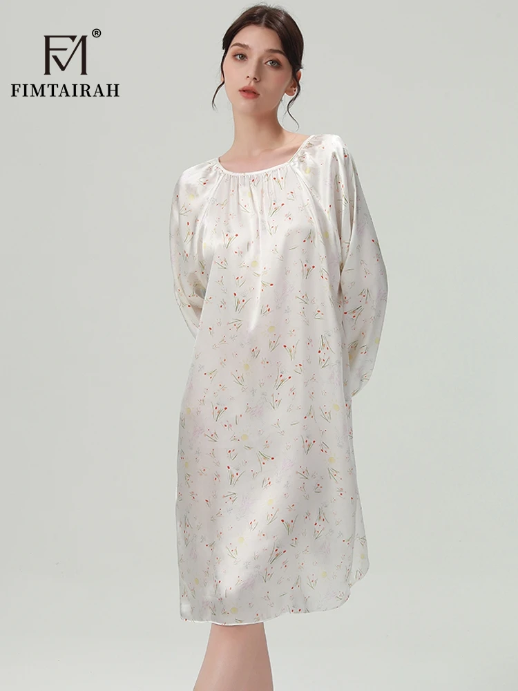 FIMTAIRAH 6A 19MM Silk Nightgown, long pajamas, long-sleeved silk high-end round-neck home wear Dress Night 2