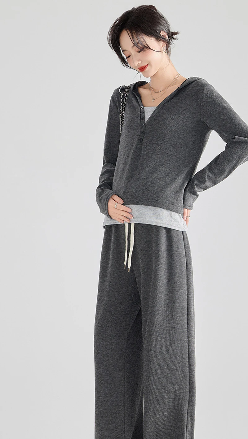Maternity Wear Fall Winter Clothes Set Korean Fake Two Piece Tops + Wide-leg Pants 2Pcs Sport Suit Pregnant Clothes