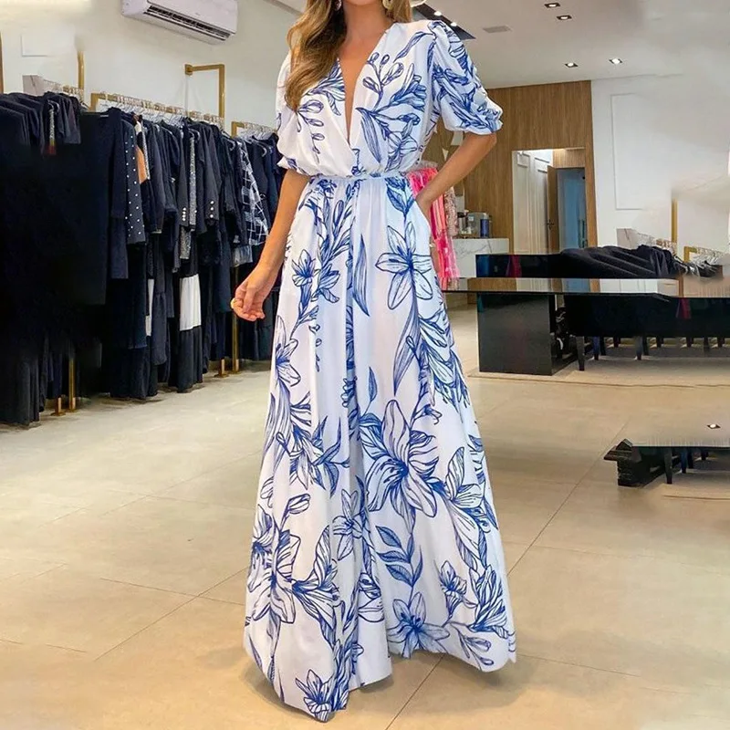 

Office Lady Jumpsuits Summer European American Women's Dress Elegant Waist Tie up Half Sleeve V-Neck Pants Print Mujer Rompers
