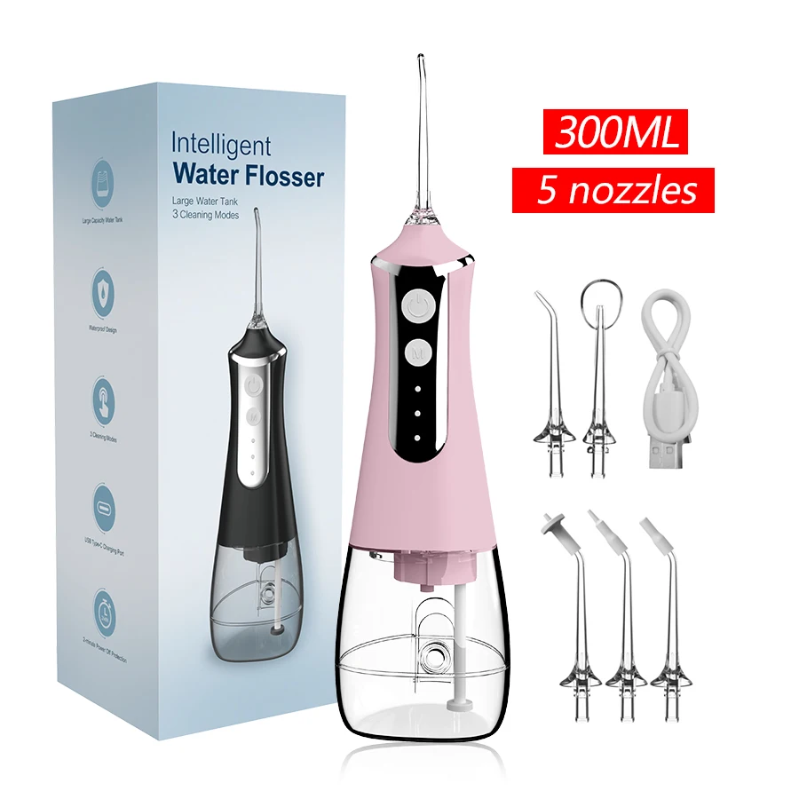 Dental Oral Irrigator Water Flosser Thread Teeth Pick Mouth Washing Machine 5 Nozzels 3 Modes USB Rechargeable 300ml Tank dental oral irrigator,dental water flosser,water dental flosser