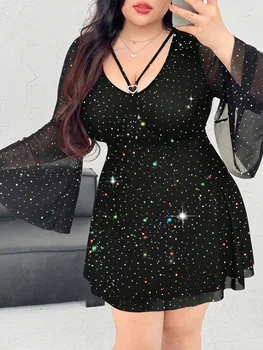 Plus Size Women's Sexy Color-Block V-Neck Heart-Print Bell-Sleeve Long-Sleeve A-Line Shimmering Dress
