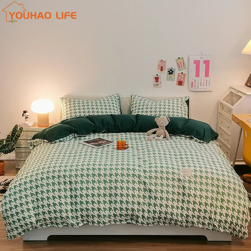 

Home Textile Bedding Set, Duvet Cover,Flat Sheet ,Pillowcase,Bed Cover, Bed Linen,Twin, Full, Single, Double,Green Houndstooth