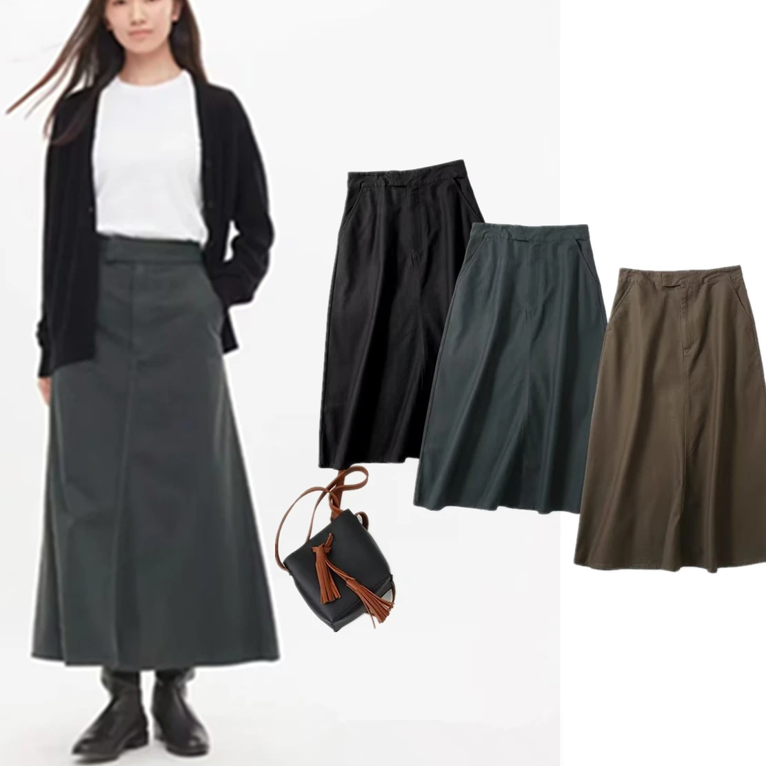 

Jenny&Dave Japanese Style Simple High Waist A-line Midi Skirt Women