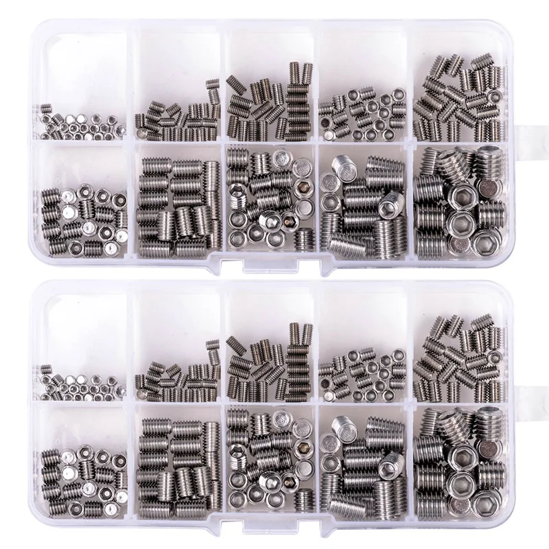 

400Pcs 304 Stainless Steel Grub Screws Hex Socket Screw Assortment Kit Set M3/M4/M5/M6/M8