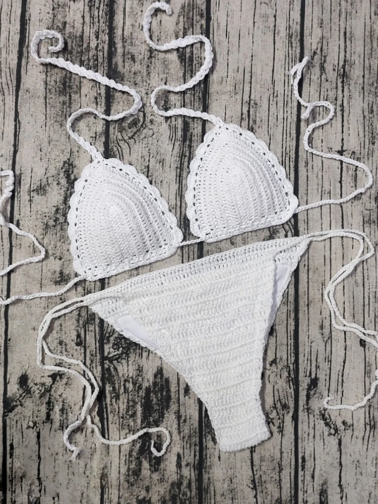 Absobe Knitted Hollow Handmade Crochet Bikini Set Women Swimwear Sexy Halter Swimsuit Hottie Outfit Summer Holiday Beachwear