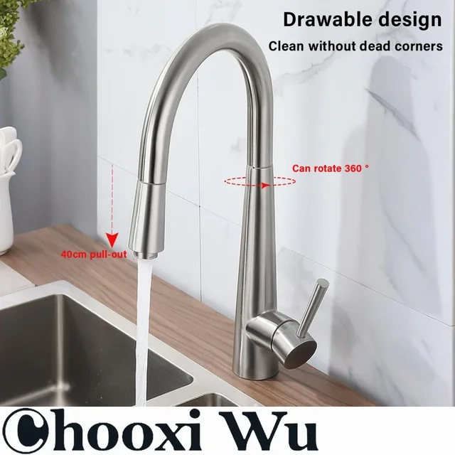 CHOOXIWU - Rubinetto da cucina estraibile in acciaio inossidabile con telescopico rotante per acqua calda e fredda per installazione sul piano di lavoro del bagno 2