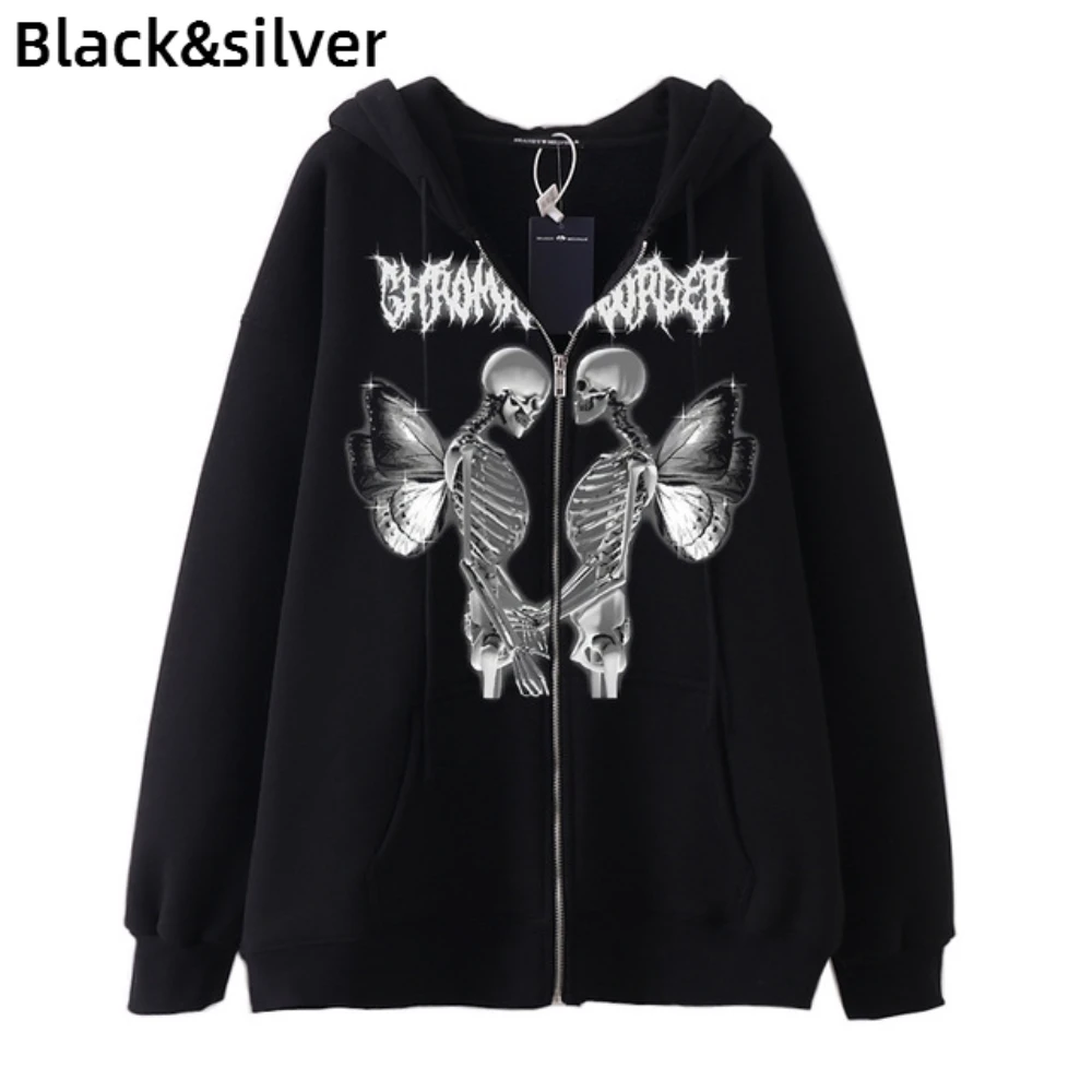 Hoodies Coat Womens Fun Skeleton Butterfly Patchwork Zip Up Hooded Jacket Loose Comfy Oversized Sweatshirt Girls Long Sleeve Top 4
