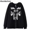 Hoodies Coat Womens Fun Skeleton Butterfly Patchwork Zip Up Hooded Jacket Loose Comfy Oversized Sweatshirt Girls Long Sleeve Top 4