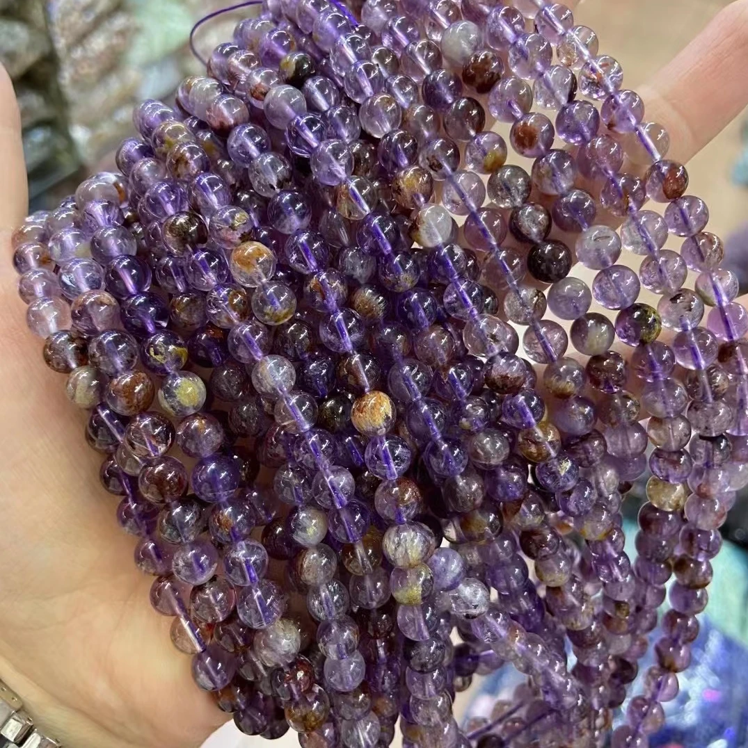 Natural Stone Amethysts Purple Rutilat Phantom Quartz Smooth Round Loose Beads 6/8/10/12mm For DIY Bracelet Jewelry Making