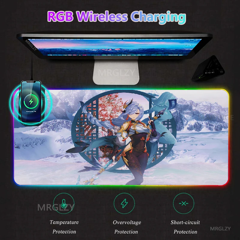 

Genshin Impact Shenhe RGB LED Wireless Charging MousePad Desk Mats Typec Large Charger Mat XXL Gaming Accessories Mouse Pad Rug