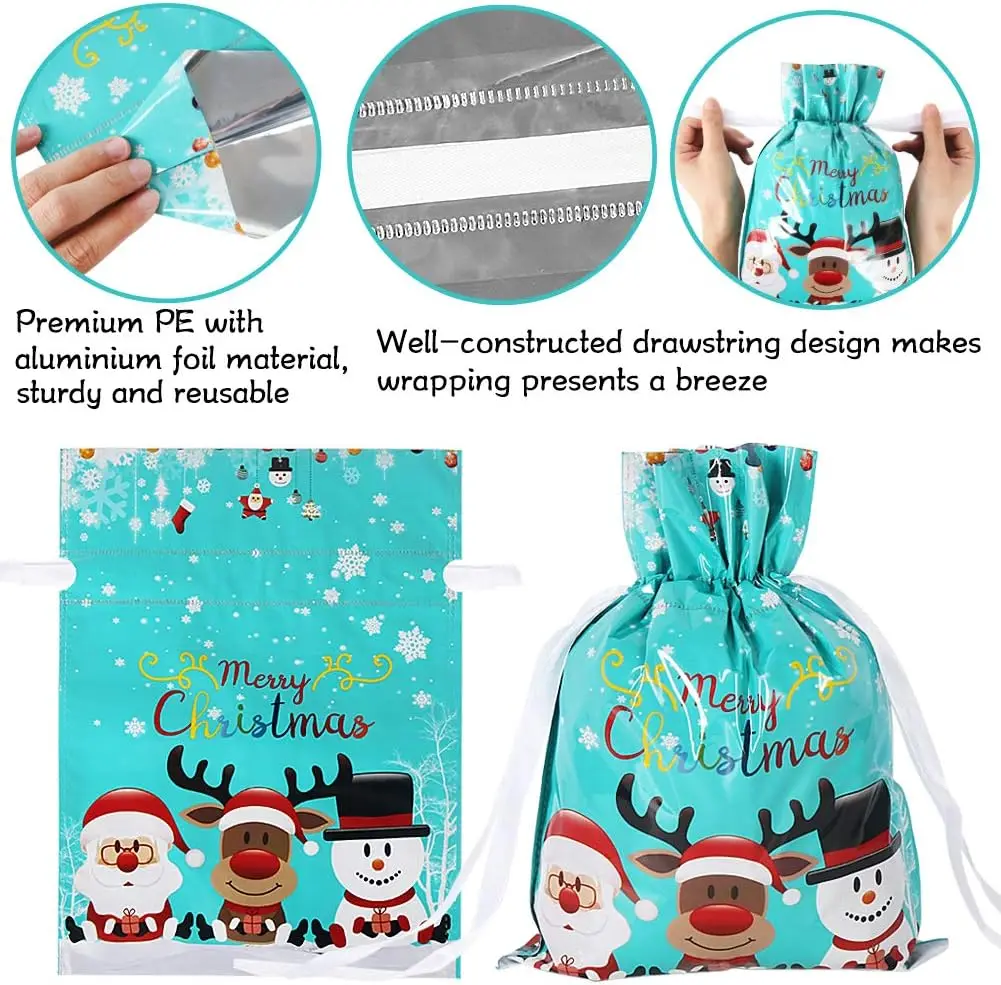 Holiday Drawstring Gift Bags, 30pcs Christmas Foil Gift Wrapping Sacks Pouches for Xmas Presents Party Favor (Large Medium Small