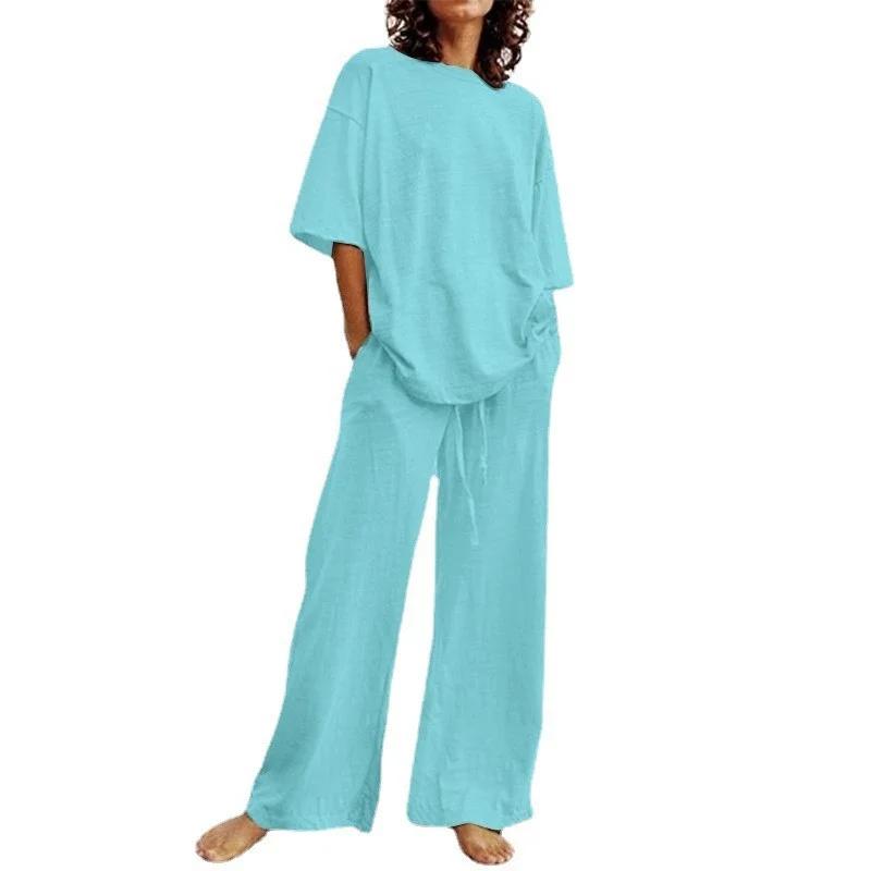 

Fashion Women's 2-piece Set 2023 Summer Casual Belt Pocket Set Half Sleeve O-Neck Top and Wide Leg Trouser Set Matching Sets