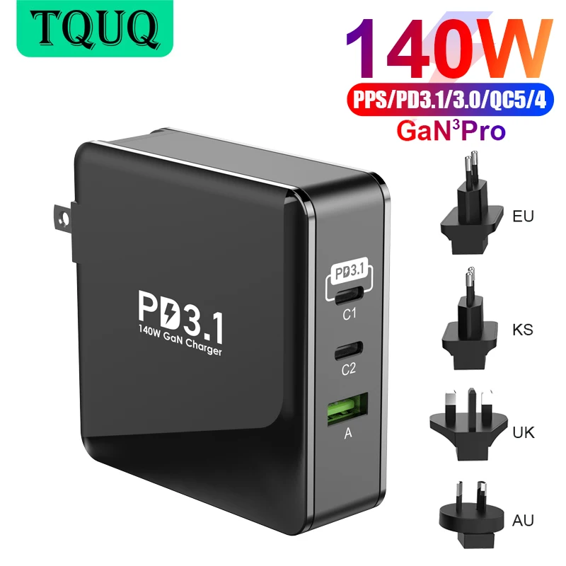 Сетевое зарядное устройство TQUQ, 140 Вт, 3 порта USB C, PPS PD 3,1