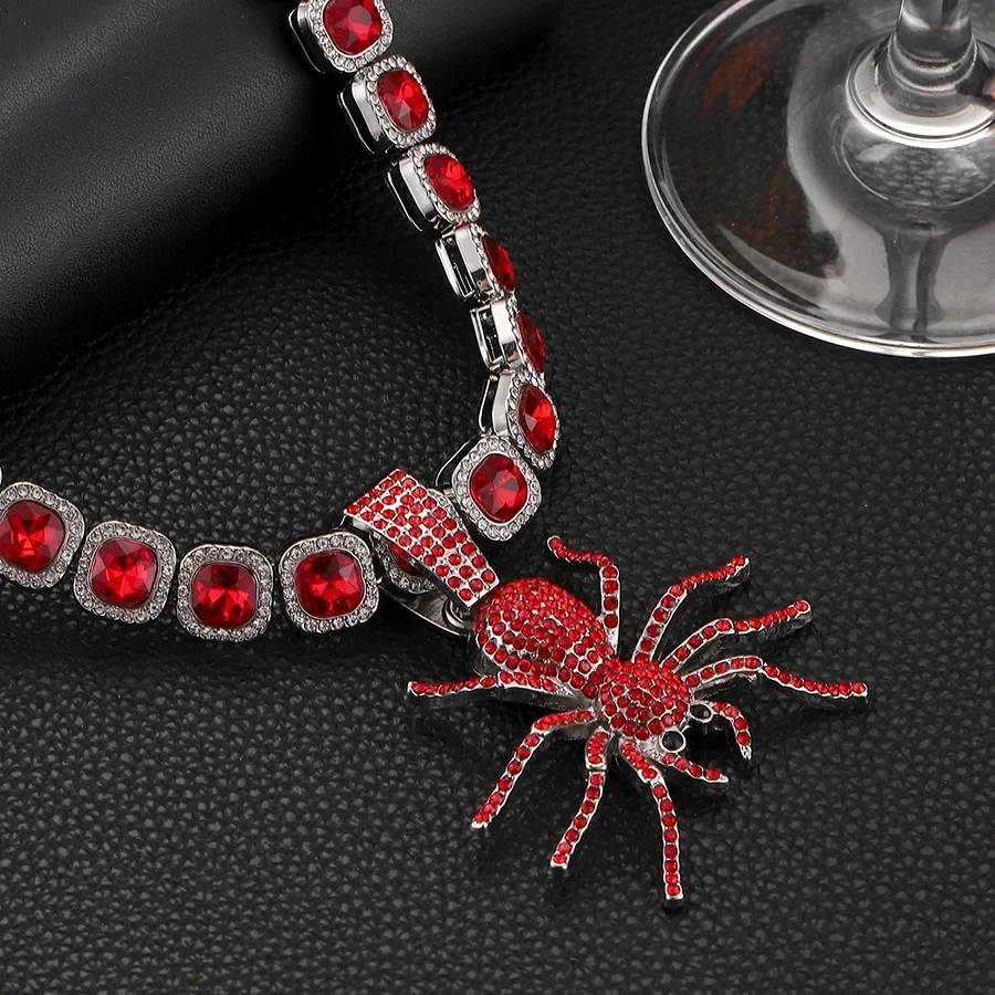 Men Women 12mm Hiphop Square Red Crystal Tennis Chain Iced Out Fashion Silver Color Spider Pendant Choker Necklace Jewelry Gifts