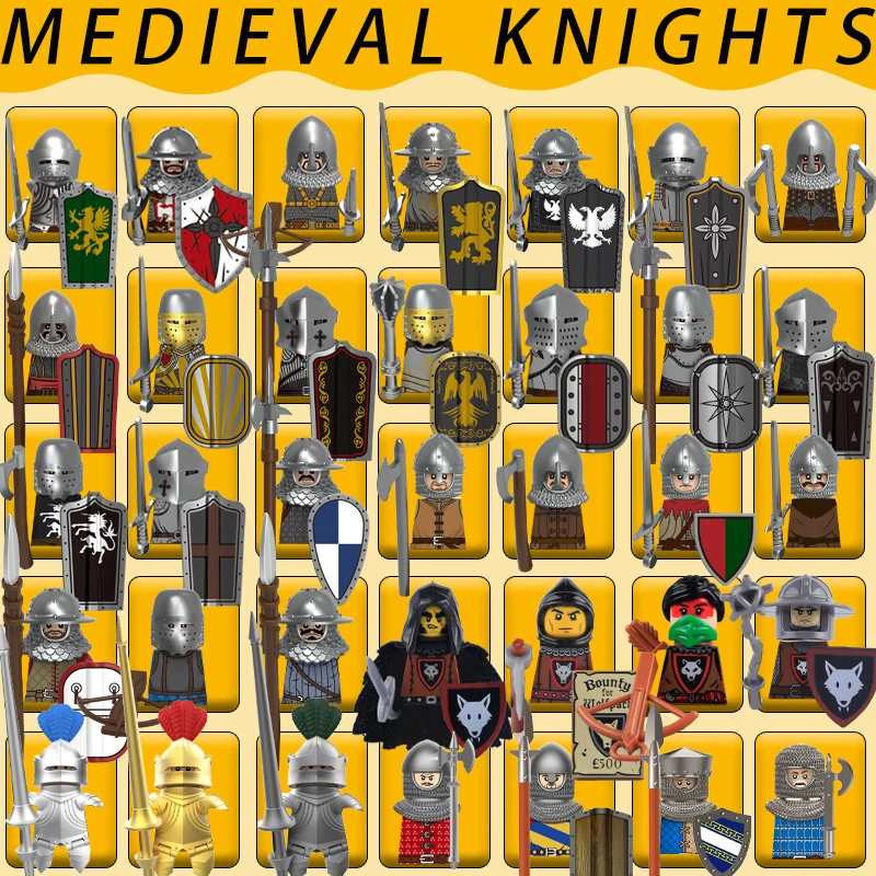 Mittelalterliche Ritter-Serie, Bausteine, Militär, Wolf, Miliz, Armbrustmann, Lancer, Schwarzer Adler, Krieger, Soldat, Figuren, Ziegel, Spielzeug
