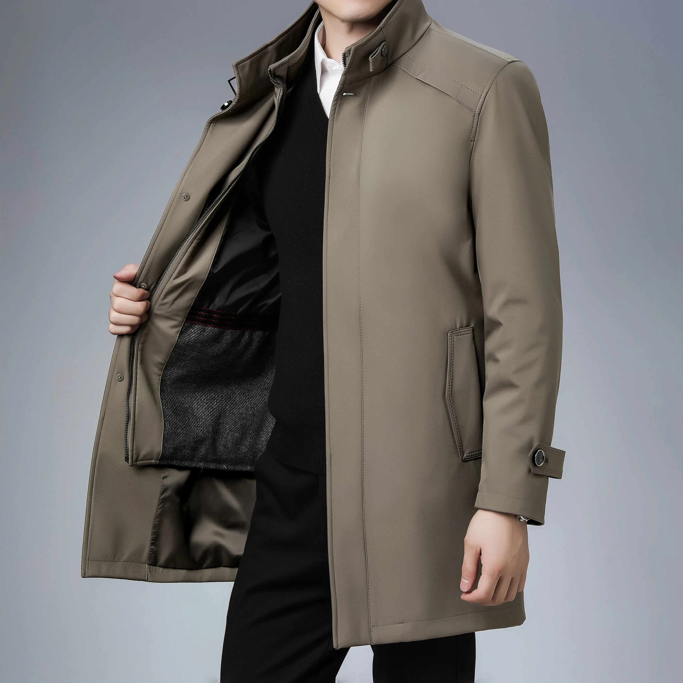 Mens Spring Autumn Windbreak Overcoat Long Trench Coats Business Casual Spring Men's Solid Turn-down Collar Long Jacket Clothing