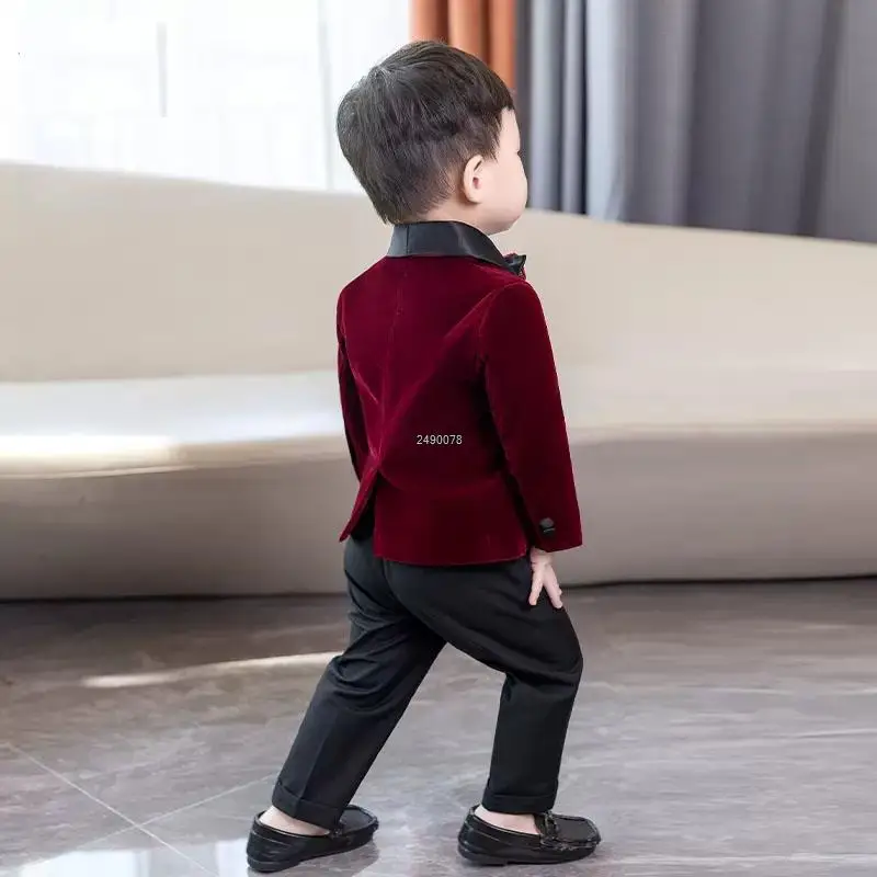 Children Formal Wedding Performance Evening Wear Kids 1 Year Birthday Dress Baby Boys Velvet Blazer Jacket Pants Photograph Suit