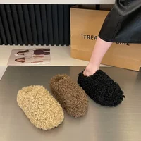 Thick Heel Luxury Lambwool Mules  Winter Shoes Woman Flip Flops Flat Cover Toe Slides Ins Warm Curly Lamb Fur Slippers Women - Image 2