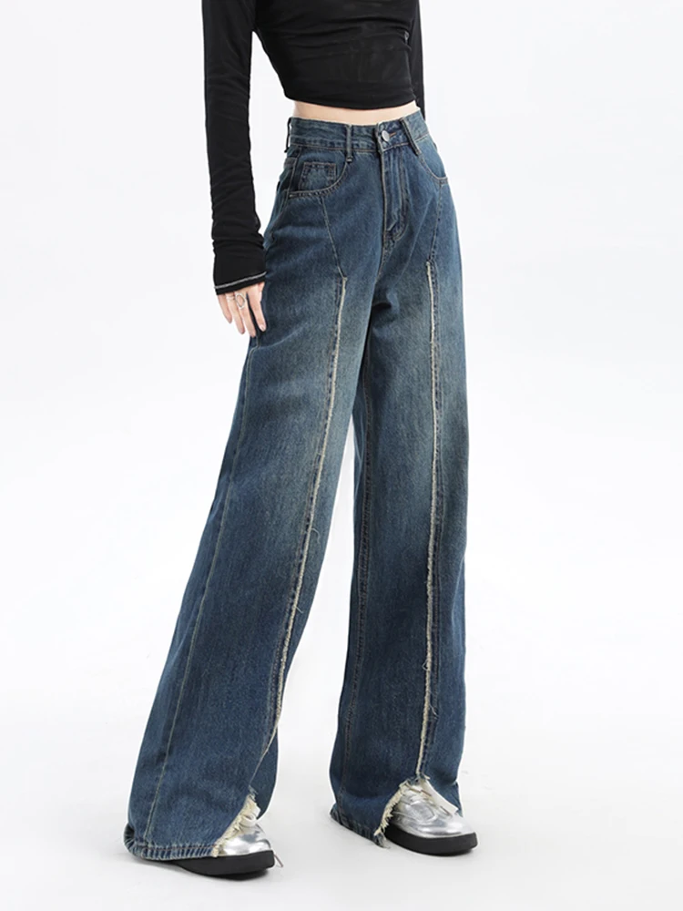 Vintage Women Boyfriend Ripped Split Jeans Distressed Straight Leg Denim Pants Loose Baggy Trousers Trend Y2K Fashion Streetwear